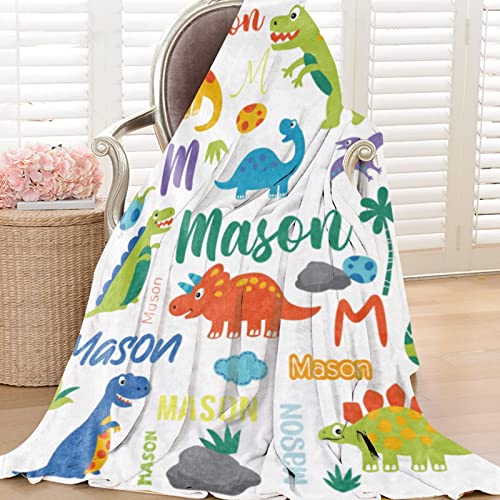 Image of Personalized Dinosaur Blanket with Name for Boy Custom Name Blanket for Kid