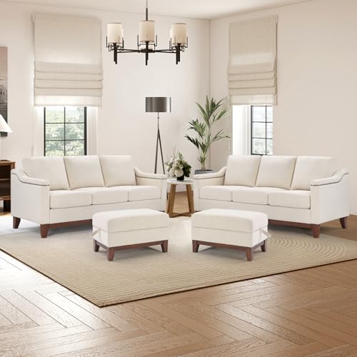 Image of HAOMARKETS 4 Piece Chenille Sofa Set with Nailhead Trim, Included 3-Seater Couches Set of 2 with Thicked Cushion and 2 Upholstered Storage Ottoman with Flip-Top Table, Living Room Furniture Set,Beige