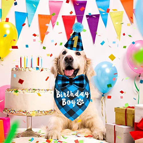 JOTFA Dog Birthday Party Supplies, Plaid Dog Birthday Boy Bandanas with
