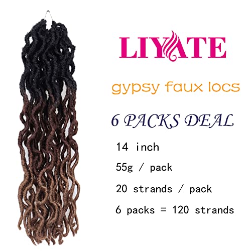 14 Inch Goddess Faux Locs Crochet Hair 6 Packs/Lot Soft Gypsy Locs Wavy Crochet Braids Dreadlocks 3 Tone Curly Wavy Twist Braiding Hair Extensions African Roots Braid（#1B/30/27) #TOP1