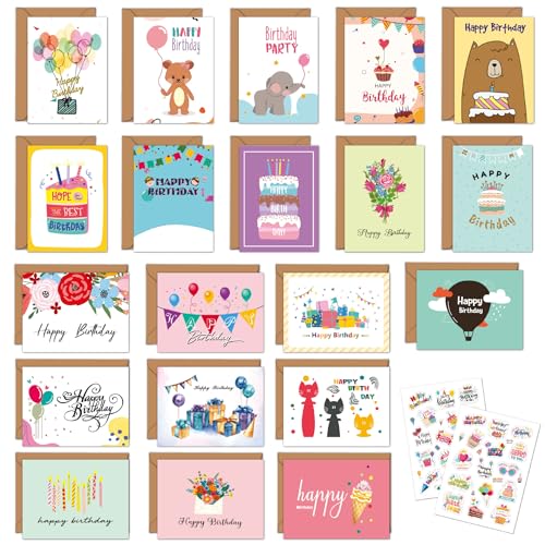 Paquete múltiple de 20 tarjetas de cumpleaños, paquete de 20 tarjetas de cumpleaños para adultos o niños. Pegatinas de cumpleaños variadas y sobres de papel kraft