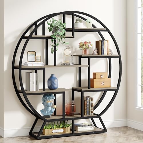 Image of Tribesigns Bookshelf, Round Bookshelves Etagere Bookcase, 63 Inch Industrial Wood Book Shelf with Staggered Shelves, Open Shelving Organizer Rack Display Shelf for Home Office, Living Room, Grey