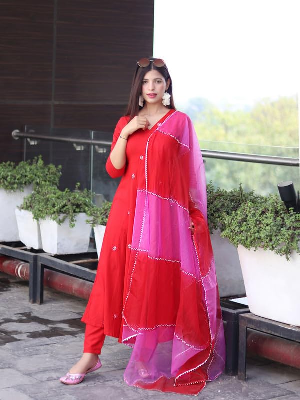 Image of Royal Export Women's Viscose Floral Embroidered Anarkali Gown Dress || Kurta Pant with Dupatta Sets