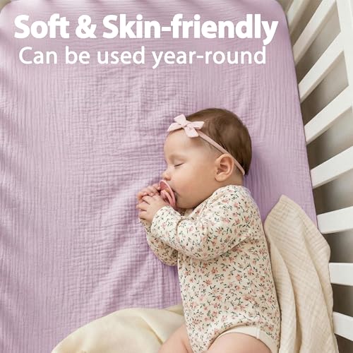 Image of Pro Goleem Muslin Pack n Play Sheets for Girls, Soft Breathable Cotton Fitted Mini Crib Sheets, Baby Sheets for Playard Mattress, 2 Pack (Pink&Purple)