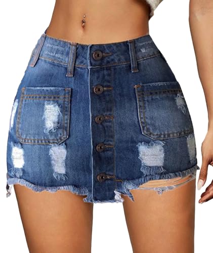 xxxiticat Women's High Waist Denim Skirt Front Button Closure Ripped Bodycon Frayed Raw Hem Blue Mini Jeans Skirt
