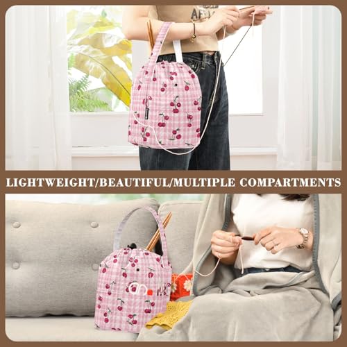 Image of Tatenale Crochet Bag Yarn Bag Knitting Project Bag with Pockets and Handle Portable Yarn Storage Organizer Tangle Free 8.3x11 InchPink Cute Checkered Cherry13