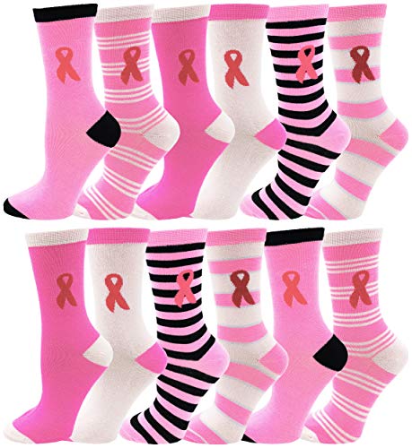 12 Pairs of Womens Breast Cancer Awareness Socks, Pink Ribbon Soft Sport Sock Bulk Pack