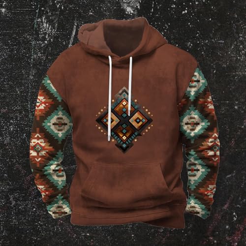 LOAIHA Ethnic Print Hoodie for Men Classic Aztec Graphic Patchwork Tops Hooded Drop Shoulder Loose Sweatshirt with Pocket2
