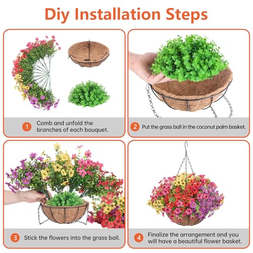 Artificial Hanging Faux Flowers Basket, Fake Silk Daisy Eucalyptus Plants Arrangement,for Spring Summer Outdoor Decoration,UV Resistant, Coconut Planter,Look Real for Home Garden Decor (Multi Color) by Florielle - Used condition - Image 6