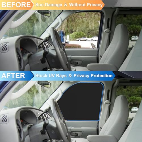 Image of Front Windshield & Side Window Sun Shade for 1992-2025 Fo-rd E-Series E-150 E-250 E-350 E-450 Van Motorhome, Foldable Window Sunshade Sun Visor Protector Blocks UV Rays Heat, Pack of 3