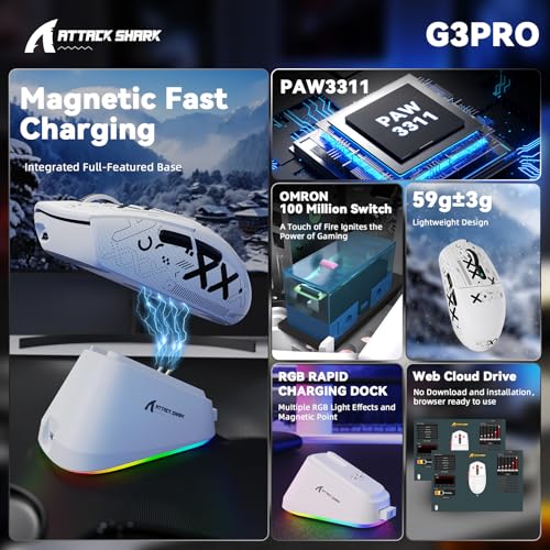 Image of MAMBASNAKE ATTACK SHARK G3PRO Wireless Gaming Mouse with RGB Magnetic Charging Dock,Tri-Mode-2.4G /USB-C Wired /BT, 25K DPI,PAW3311 Optical Sensor,59g Ultra Lightweight,Slip Grip Tape for PC /Mac(White)