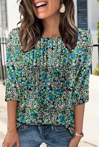 KISSMODA Tunic Tops for Women Loose Fit Dressy Round Neck Pleated 3/4 Length Sleeve Spring Tops