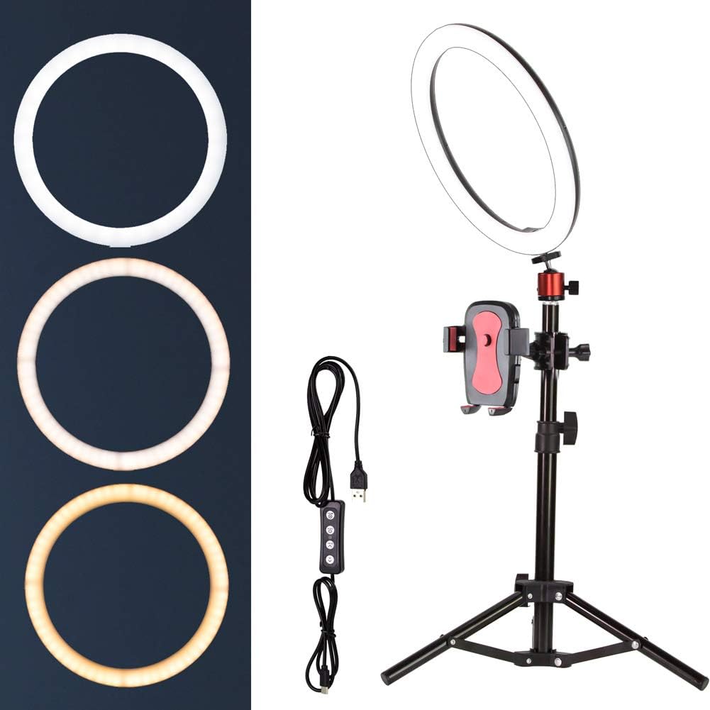 10" Selfie Ring Light with Tripod Stand for Live Stream,Makeup,Nugilla Led Desktop Ring Light,Mini LED Camera Light with Cell Phone Holder Desktop LED Lamp with 3 Light Modes & 11 Brightness Level.