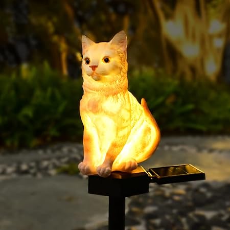 Juliahestia Garden Cat Decor Ornaments Outdoor Solar Light Lawn Decorations Cute Animal Stake Patio Yard Statue Waterproof Gifts for Cat Lovers