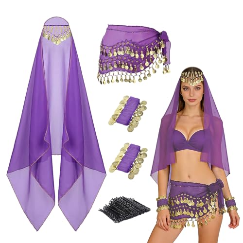 HPGFIJKM 4 Pcs Belly Dancer Outfit Sets, Head Scarf,Belly Dance Hip Scarf, 2 Coin Wrist Bracelets, 8 Bobby Pins (Dark Purple)