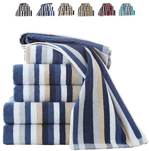 TheWhiteWater – 100% Natural Cotton BATH TOWEL (Blue – 120 x 70 cm) – 6 Threads Combed Stripe – Royal Victorian Flossy Stripe Salon Design – 550 GSM – Gym or Home use (1 x Bath Towel, Blue)