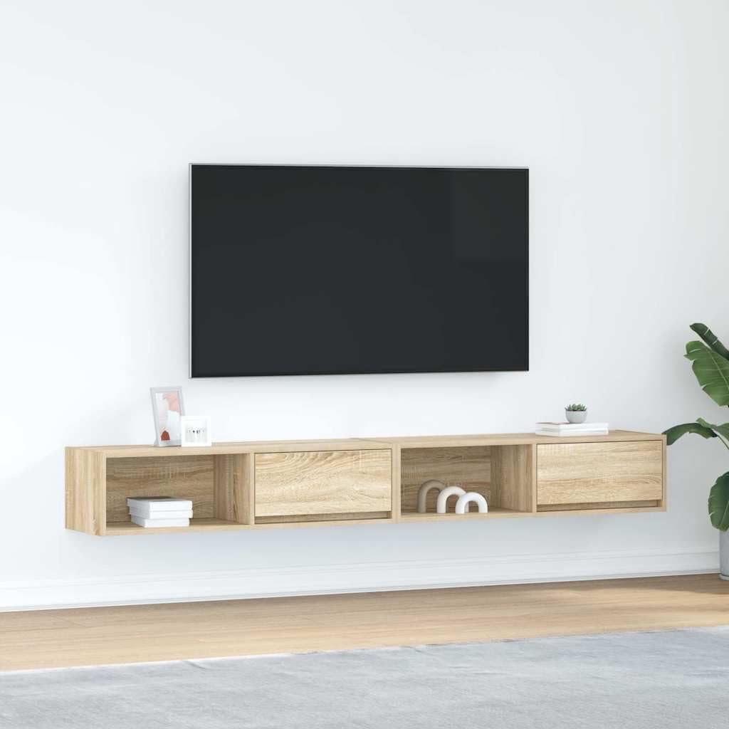 Armario de TV 2 unidades de roble Sonoma 100 x 31 x 25,5 cm de material de madera con cajones y espacio de almacenamiento, moderno mueble para TV colgante para salón, armario estable para TV