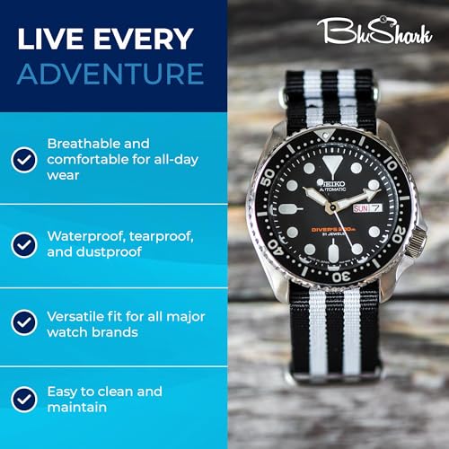 Image of BluShark - Original Collection Military-Style Waterproof Watch Strap, Fits All Timepiece Brands, Durable Nylon Wristwatch Accessories with Stainless Steel Buckle - 18mm, 20mm, 22mm & 24mm Watch Bands