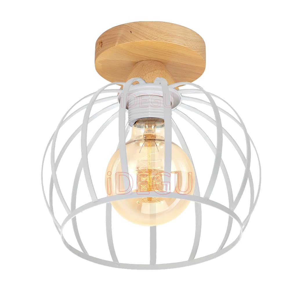 iDEGU Lámpara de Techo Vintage 20cm Lámpara Colgante en Madera y Metal Moderna Iluminación de Techo E27 Industrial Lámpara Diseño Jaula LED Plafón de Techo Pasillo Dormitorio Salón Cocina (Blanco)