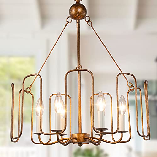 Gold Chandelier, 6-Light Farmhouse Pendant Light for Dining Room, Kitchen, Living Room, D 21 x H 23.5