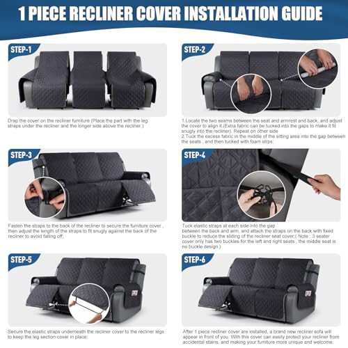 Image of TAOCOCO 100% Waterproof Recliner Covers, Recliner Sofa Covers with Leg Straps, Reversible Recliner Couch Cover for Reclining Chair, Washable Couch Protector for Pets Kids(3 Seater, Deep Gray)