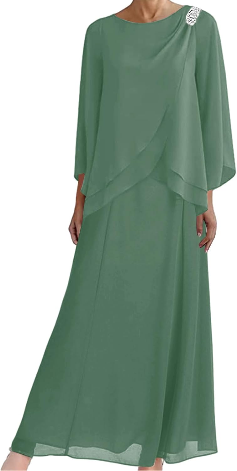 Mother of the Bride Dresses for Wedding-Long Evening Formal Dress Chiffon Wedding Guest Groom Dresses Tiered Beaded