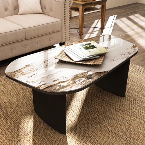Luxury Marble Coffee Table, Premium Sintered Stone Top, Natural Wood Look Base, Modern Design Stone Cocktail Table, Marble Top Coffee Table for Living Room, Sculptural Contemporary Center Table