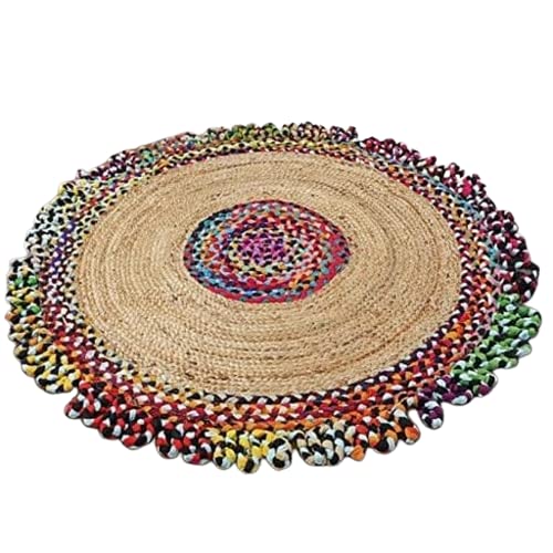 Tapis de sol rond en jute et coton 1,2x1,2 m pour salon