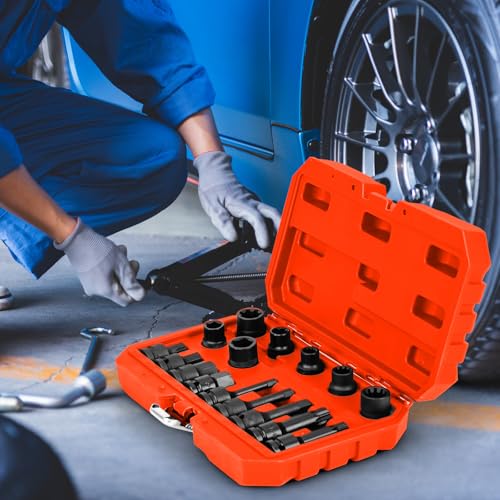 GOPLUS Lot de 16 Coffre Douilles à Choc pour Entraînement, Kit d'Outils de Réglage de Frein de 1,3cm, pour Etrier de Frein à Impact, Coffret de Rangement Compatible...