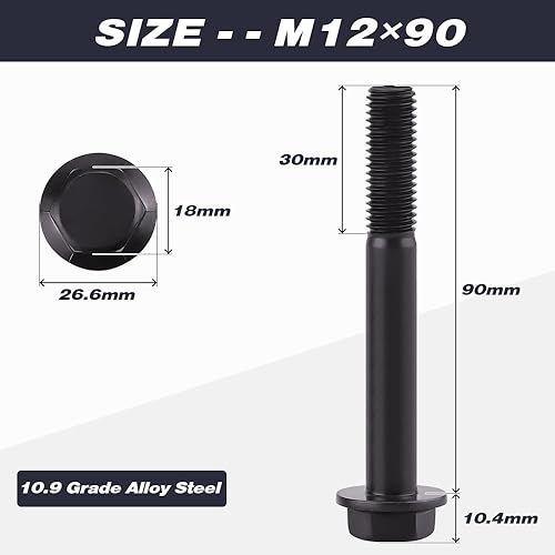 Miniatura 18 de Tornillos hexagonales con bridas M12-0.069 x 1.575 in (6 piezas) Acabado de óxido negro, acero de aleación de grado 10.9, Perno de cabeza