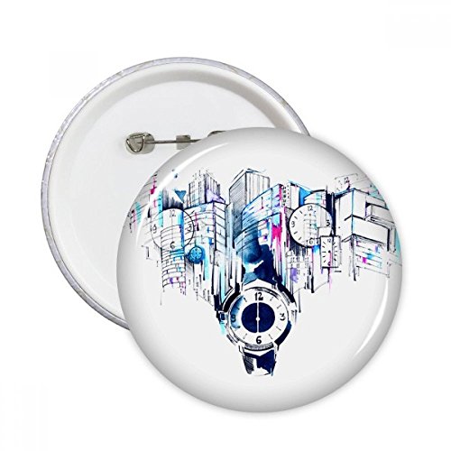 Badge rond illustration aquarelle horloge ville moderne DIYthinker pour customiser vos vêtements