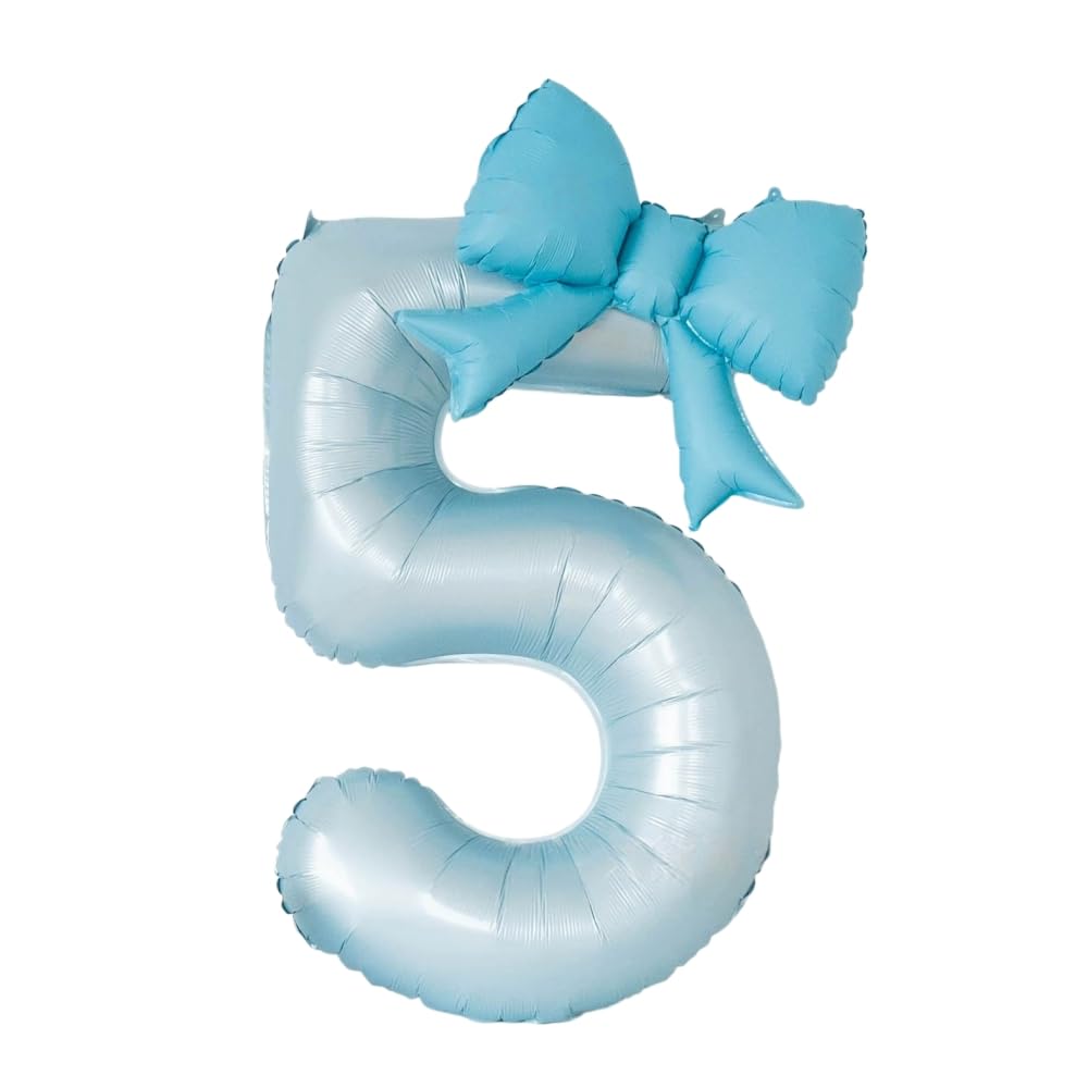 Fashion Yo 40'' Number with Bow Balloon, Self Inflating Foil Light Pink Set 0-9, Pastel Pink Helium Balloon for Girls Birthday Party Decorations Anniversary Supplies (Blue Number 5)