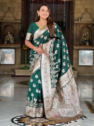 Image of Florely Women's Kanchipuram silk sarees Handloom Pure Golden Zari Saree For Women | Traditional Festive Wedding Party Saree | Ethnic Saree With Blouse Piece