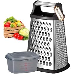 Ourokhome Cheese Grater with Handle, Stainless Steel Box Grater, 4 Side Kitchen Vegetable Shredder Slicer Zester with Container for Parmesan, Cabbage, Ginger, Lemon, Chocolate, Coconut (Black)