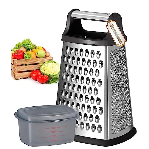 Ouorkhome Cheese Grater with Handle, Box Graters with Container, Stainless Steel 4 Sides, Kitchen Slicer Shredder Zester Grater for Parmesan Cheese, Vegetables, Ginger, 10 Inch(Black)