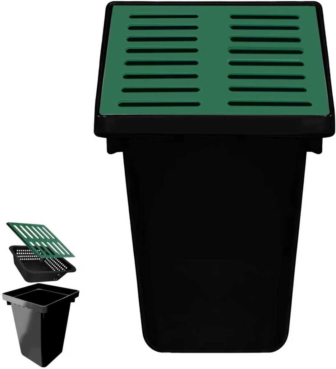 18x18x24 in Catch Basin for Drainage with Composite Resin Grate,Catch Basin with Debris Basket, French Drain Kit without Reserved Hole for Yard,Downspout,Lawn,Municipal Pipeline