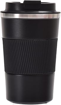 Stainless Steel Insulated Travel Coffee Mug Flip up Tumbler, Double wall Leak Proof Vacuum Cup Keep Drink Cold and Hot Black, 13 Ounces