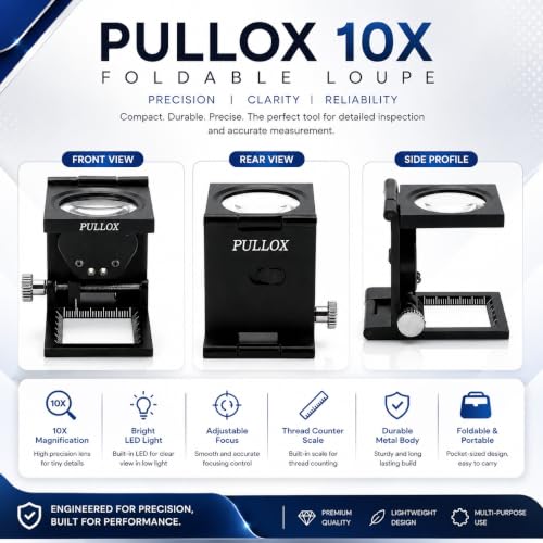 Image of Pullox Foldable Magnifiers 10X Folding Magnifying Loupe Zinc Alloy /LED Lights /Magnifier Lens with /Scale /for Jewelry Tool Repair Collection