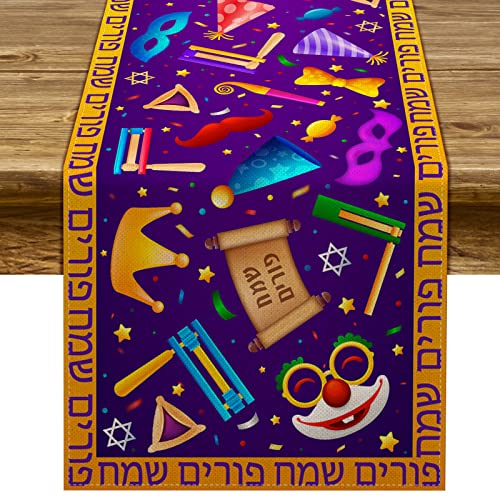Pudodo Happy Purim Tischläufer jüdischer Karneval Festival Urlaub Dekor Maske Zirkus Clown Küche Esszimmer Heimdekoration Cover