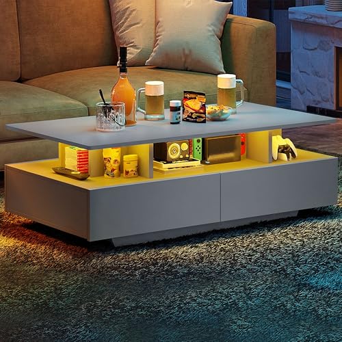 YITAHOME Couchtisch Grau, Wohnzimmertisch Hochglanz mit 16-Farbiger LED Beleuchtung Modern, Beistelltisch Weiss mit Offenem Ausstellungsregal und 4 Ausziehbaren Schubladen 90x55x41,1 cm