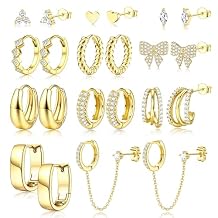 ZELORES 11 Pairs Small Gold Hoop Earring Stacks for Women Trendy 14k Gold Plated Chunky Huggie Earrings Hypoallergenic Stainless Steel Cartilage Earrings Sets for Multiple Piercings