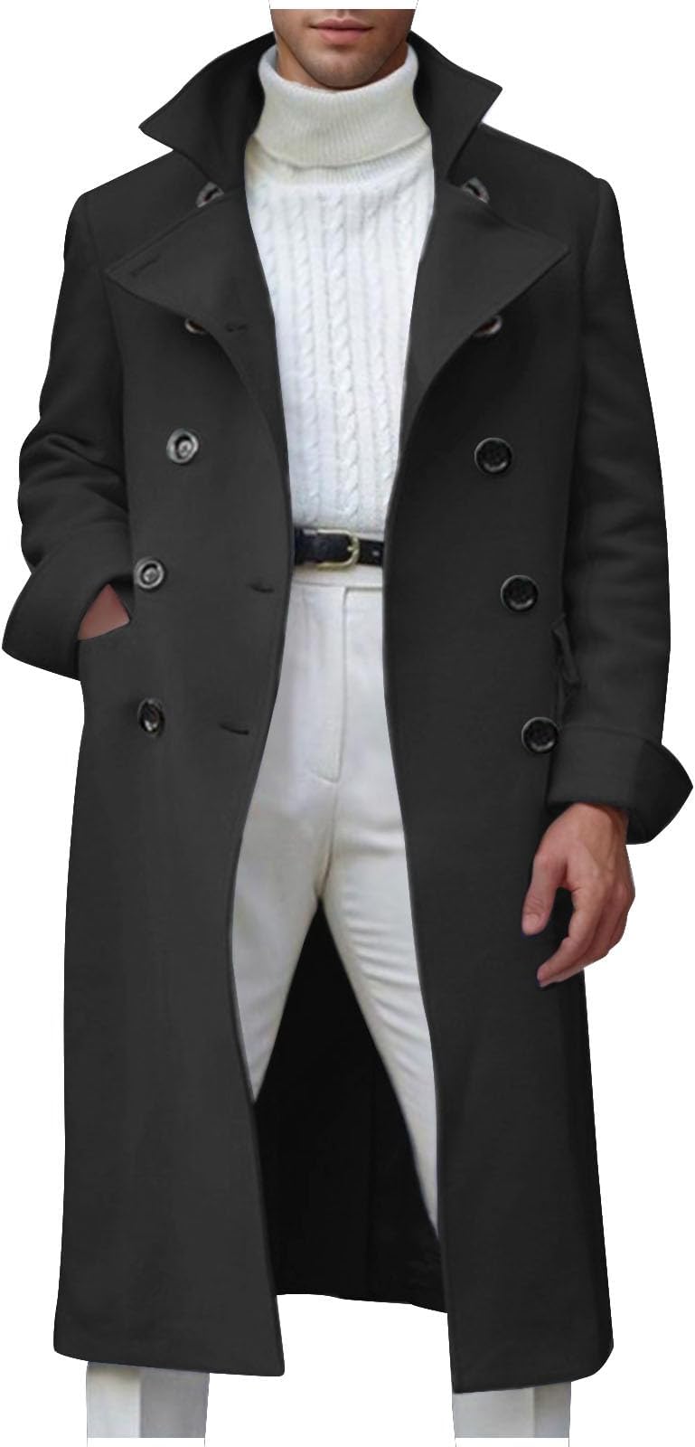 Wool Trench Coat Men Double Breasted Wool Notch Lapel Overcoat Fashion Fall WInter Warm Long Pea Coat wih Pockets