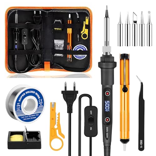 Kit Fer à Souder 80W, Température Réglable 180-500°C, Électronique de Précision avec Interrupteur Marche/Arrêt, 5 Pannes, Fil de Soudure, pour...