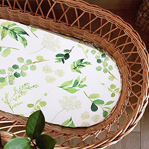 Image of Bassinet Sheet, Jersey Cotton for Baby Boy/Girl, Fitted Sheets Flexible for Most Bassinet Mattress (Green leaves)