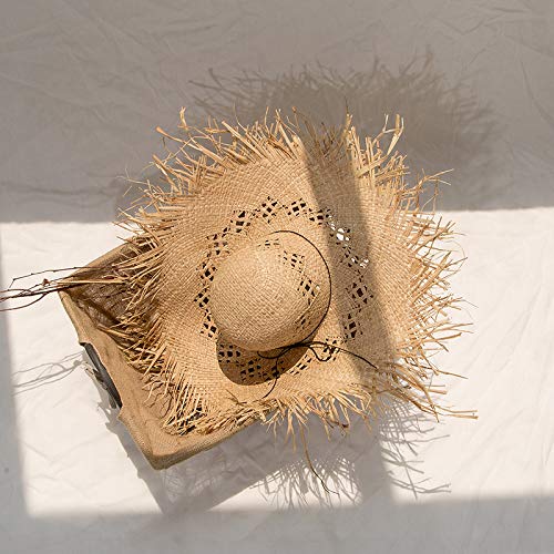 Sombrero de Paja de Verano para Mujer, Nuevo Sombrero de Playa Hueco + Sombrero de Paja de Rafia de Color sólido de ala Grande para Mujer (Sombrero de Paja) (Stra