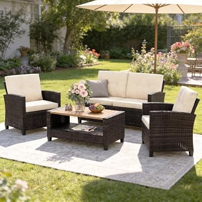 Wisteria Lane 4 Piece Patio Furniture Set, Wicker Outdoor Patio Conversation Furniture Set, All Weather Outdoor Patio Sofa with Cushion and Wood Table, Beige Wood