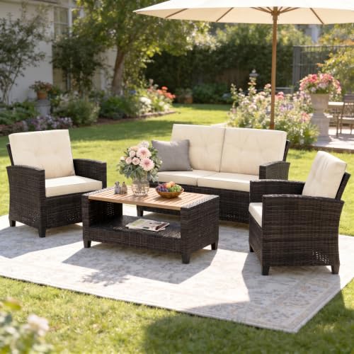 Image of Wisteria Lane 4 Piece Patio Furniture Set, Wicker Outdoor Patio Conversation Furniture Set, All Weather Outdoor Patio Sofa with Cushion and Wood Table, Beige Wood