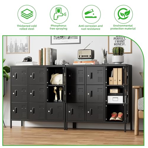 Image of SUPEER Metal Lockers for Employees with 9 Doors,Lockable Metal Locker with Keys and Card Slot,Office Storage Locker for School Gym Home,15.79 inch D x 35.51 inch W x 37.8 inch H,Black,Assembly Required