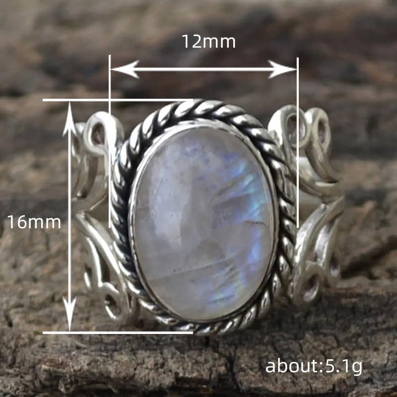 925 Sterling Silver Hollow Flower Retro Fashionable Men and Women's Moonlight Stone Egg White Stone Ring Multi-Layer CZ Women's Engagement and Wedding Ring Jewelry-Making-Patterns Size 8