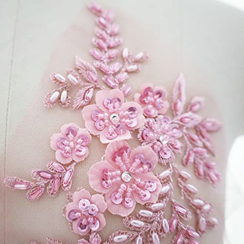 2Pcs Embroidered Beads 3D Flower Applique Lace Fabric Collar Patches Sew Patch Wedding Bridal Gown Clothes Dress Decor DIY Crafts (Pink) by JINMOMOMO - Image 2